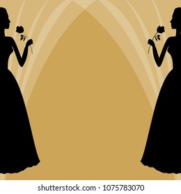 Invitation template with two victorian ladies holding a rose, symmetric design with silhouette on golden background. Ball invitation, flyer, banner, leaflet with blank area for text.