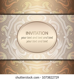 Invitation template. Vector card with rich golden pattern in white and gold. Square card layout with royal golden ornament in white color. Template for save the date, banner, brochure, poster.