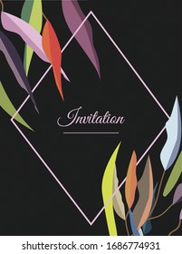 invitation template, vector. Colorful abstract leaves on Black background 