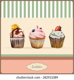 Invitation template  with watercolor cupcakes illustration and typographic in retro style