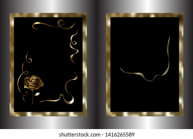 Invitation template for wedding, birthday, anniversary, celebration. Golden rose with monograms and gold frame. Vector illustration.