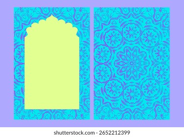 invitation template, wedding card, Indian Mughal style, ethnic window frame, yellow and blue, intricate mandala pattern