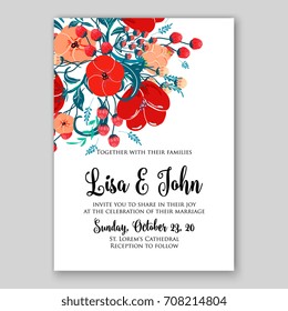 Invitation template of wedding card with red anemone floral decor