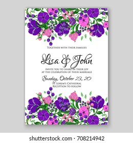 Invitation template of wedding card with violet anemone floral decor