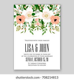 Invitation template of wedding card with yellow rose anemone floral decor