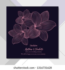 Invitation template for wedding ceremony, greeting, element for design. Vector pattern with hand-drawn flowers lilies. Cute floral card on  abstract background. 