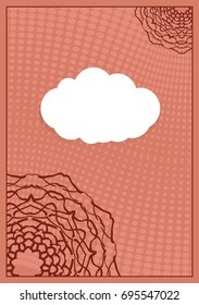 Invitation template with white cloud, floral decor on brown background. vector illustration