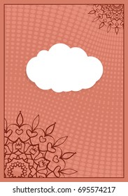 Invitation template with white cloud, floral decor on brown background. vector illustration