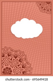Invitation template with white cloud, floral decor on brown background. vector illustration