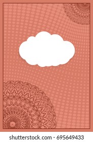 Invitation template with white cloud, floral decor on brown background. vector illustration