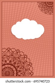Invitation template with white cloud, floral decor on brown background. vector illustration