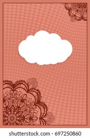 Invitation template with white cloud, floral decor on brown background. vector illustration