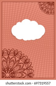 Invitation template with white cloud, floral decor on brown background. vector illustration