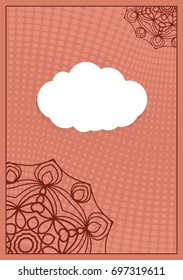 Invitation template with white cloud, floral decor on brown background. vector illustration