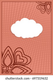 Invitation template with white cloud, floral decor on brown background. vector illustration