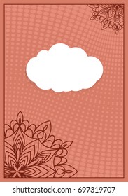 Invitation template with white cloud, floral decor on brown background. vector illustration