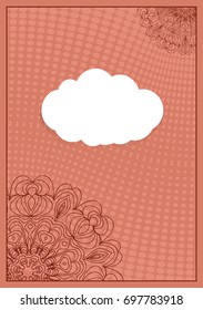 Invitation template with white cloud, floral decor on brown background. vector illustration
