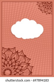 Invitation template with white cloud, floral decor on brown background. vector illustration