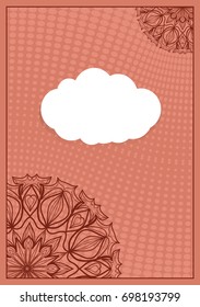 Invitation template with white cloud, floral decor on brown background. vector illustration