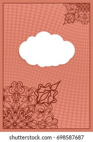 Invitation template with white cloud, floral decor on brown background. vector illustration