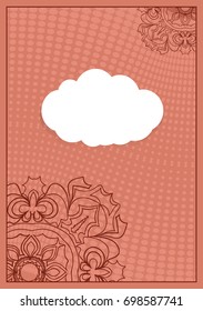 Invitation template with white cloud, floral decor on brown background. vector illustration
