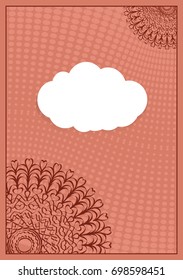 Invitation template with white cloud, floral decor on brown background. vector illustration