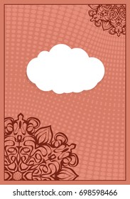 Invitation template with white cloud, floral decor on brown background. vector illustration