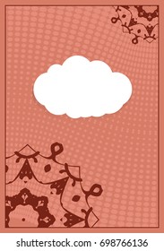 Invitation template with white cloud, floral decor on brown background. vector illustration