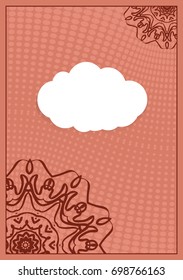 Invitation template with white cloud, floral decor on brown background. vector illustration