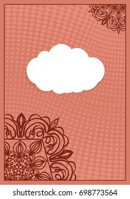 Invitation template with white cloud, floral decor on brown background. vector illustration