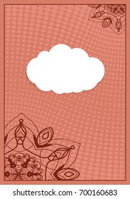 Invitation template with white cloud, floral decor on brown background. vector illustration