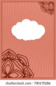 Invitation template with white cloud, floral decor on brown background. vector illustration