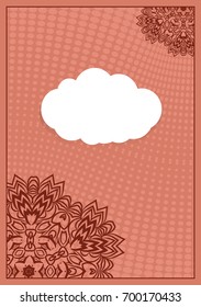 Invitation template with white cloud, floral decor on brown background. vector illustration