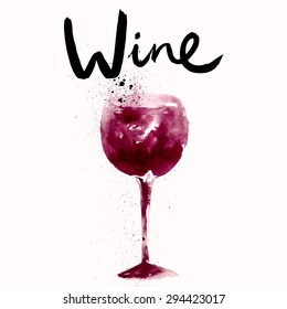 Invitation template with wine glass in watercolor technique. 