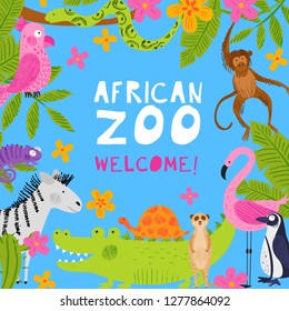 Invitation template for a zoo. Cute African animals, birds and flowers. Bright vector background. Hand drawn illustration. Summer set. Funny characters for kids. Colorful frame for poster.