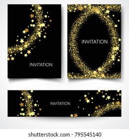 Invitation template.Black background with gold glitters