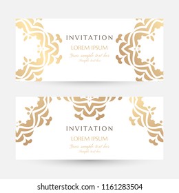 Invitation templates. Cover design with gold ornaments and white background. Vector decorative horizontal flayers with copy space.