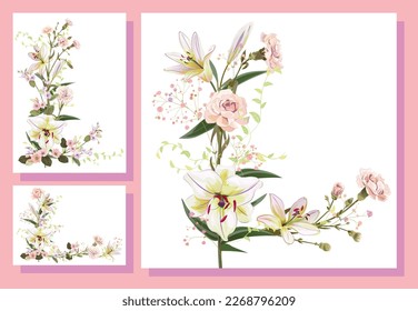 Plantillas de invitación con lirios, flores de claveles, flores de primavera. Establece tarjetas verticales, horizontales, cuadradas con una ligera ilustración realista en un estilo acuarela para el diseño de bodas. Vintage, vector