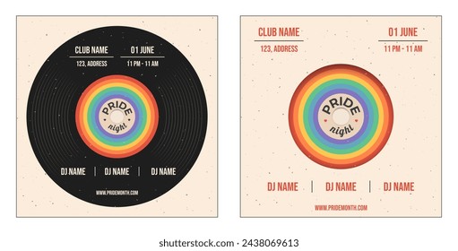 Invitation templates for Pride month party. Vector illustrations with retro record and LGBT rainbow color flag.