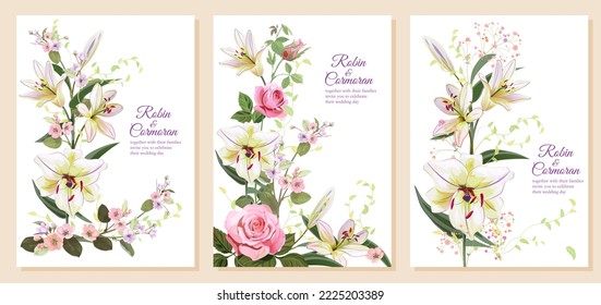 Plantillas de invitación con rosas, lirios, flores de primavera. Bouquet de flores rosadas de manzano sobre fondo blanco. Ilustración realista suave en acuarela para el diseño de bodas. Vintage, vector