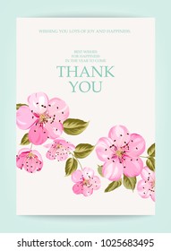 Invitation text card with Thank You sign. Pink sakura tree branch at the bottom of vertical invitation card isolated over white background and text place in center.