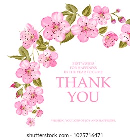 Invitation text card with Thank You sign. Pink flowers garland at the top of holiday card isolated over white background and text place.