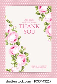 Invitation text card with Thank You sign. Blooming rose garland at the left side of invitation card isolated over white background with pink border. Vector illustration.