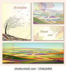 Invitation, thank you card, save the date cards with autumn landscapes and leaves. Doodle brochure template card with your text for background, backdrop, gift, invitation, banner, design element.