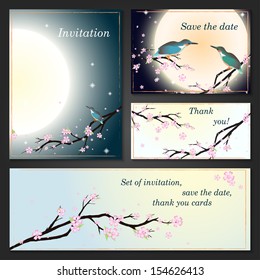 Invitation, thank you card, save the date cards with stylized cherry blossom, moon and bird. Brochure template card with your text for background, backdrop, gift, invitation, banner, design element.