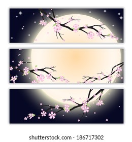 Invitation, thank you card, save the date cards with stylized cherry blossom, moon and moon. Brochure template card with your text for background, backdrop, gift, invitation, banner, design element.