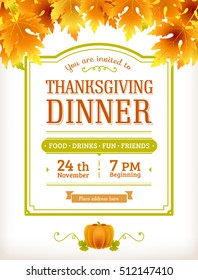 Invitation For Thanksgiving Dinner Or Party. Vector Template Can Be Used For Flyer, Banner, Invitation, Greeting Card, Menu. Thanksgiving Day Poster With Text.  Vintage, Retro Design.