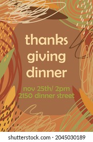 An invitation to a Thanksgiving dinner in warm autumn shades. With decorative abstract elements. For printing or online mailing.