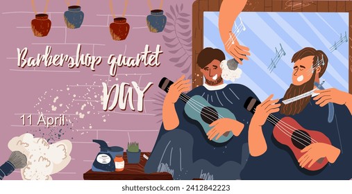  Invitation ticket for Barbershop Quartet Day, April 11, characters of people, men, with guitar, ukulele, in a barbershop against a mirror, in the professional amosphere of a barbershop. 