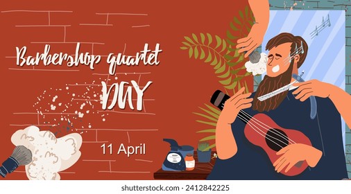  Invitation ticket for Barbershop Quartet Day, April 11, characters of people, men, with guitar, ukulele, in a barbershop against a mirror, in the professional amosphere of a barbershop. 